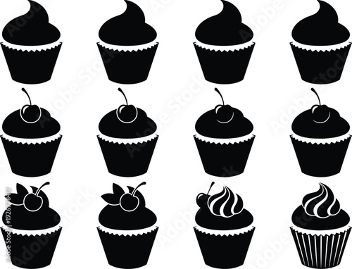 Set of Twelve Minimalist Black Cupcake Silhouette Icons with Cherries and Frosting Swirls Isolated on White Background for Bakery Branding and Sweet Dessert Menu Design