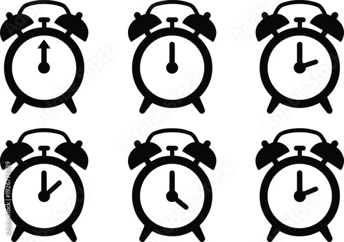 Set of Twin Bell Alarm Clock Icons Showing Different Times for Morning Wake Up Calls Scheduling Deadlines and Time Management Isolated on White Background