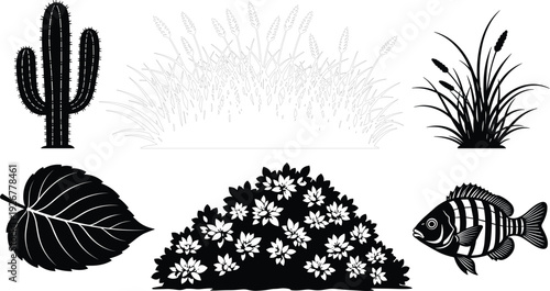 Desert plants and fish silhouette set with cactus grass leaf bush and aquatic animal vector illustration