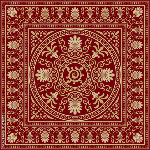 Vector red and gold colored square ornament of ancient Greece. Classic tile pattern of the Roman Empire