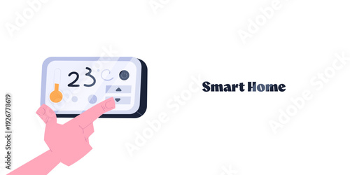 Smart home banner with digital thermostat display and hand adjusting temperature control on modern interface