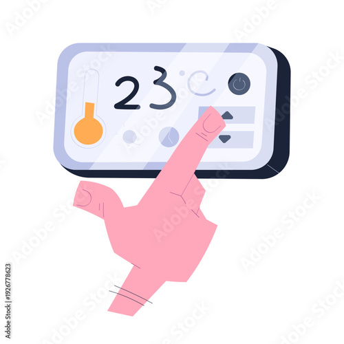 Modern smart home thermostat display set to 23 degrees Celsius with hand adjusting temperature control panel