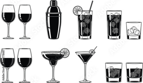 Vector illustration of assorted alcoholic beverages including wine glasses, cocktail shaker, margarita, martini, tall drinks, short glasses, and barware design