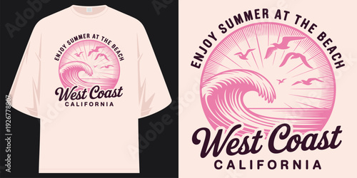 enjoy summer at the beach west coast california vintage sun ocean wave sunset surfing badge t shirt design vector illustration artwork
