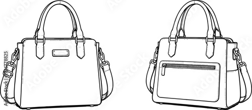 Technical Line Art Vector Illustration of a Women Fashion Handbag and Shoulder Bag Set Isolated on White Background for Design Template and Coloring