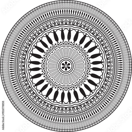 Vector black monochrome classic Greek round ornament. Circle of Ancient Greece and the Roman Empire. Byzantine painting of walls, floors and ceilings. Decoration of European palaces.