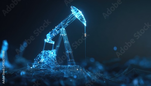 Abstract Blue Digital Oil Pumpjack Network on Dark Background.