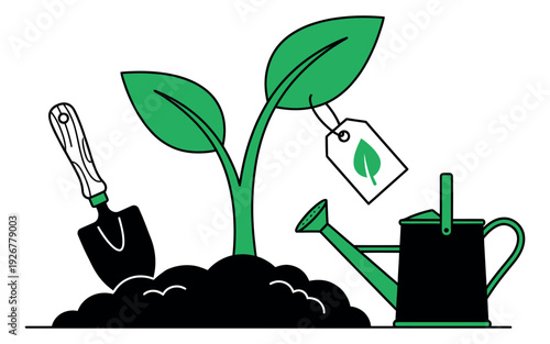 Line art illustration of a young plant in soil, a shovel, and a watering can depicting organic growth and environmental care for sustainability and gardening projects