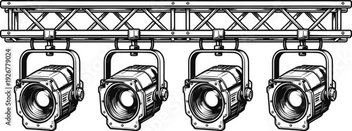 Technical Line Art Vector Illustration of Professional Stage Spotlights Hanging on a Metal Truss Isolated on White Background for Concert and Event Production