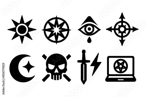 Mystic symbols set: sun, compass, eye, skull, moon, and pentagram