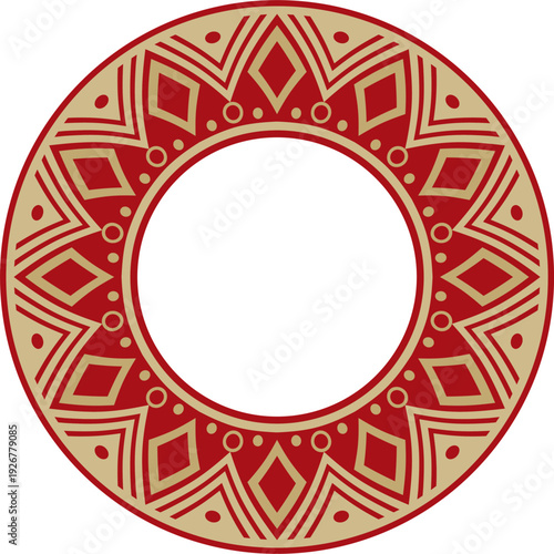 Native American vector round gold with red pattern. Geometric shapes in a circle. National ornament of the peoples of America, Maya, Aztecs, Incas.
