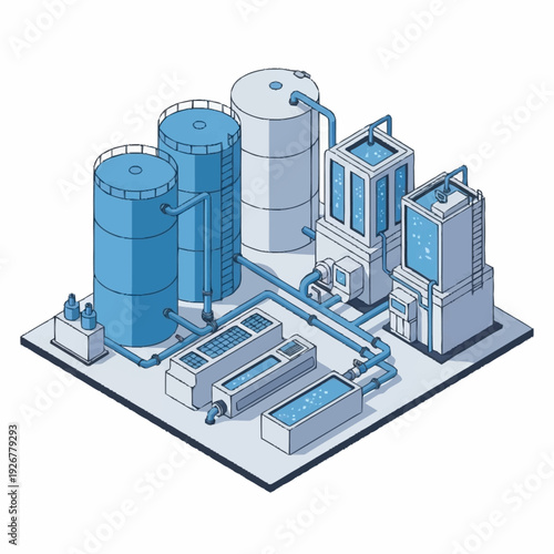 Industrial Water Treatment Plant 3D Model Illustration.