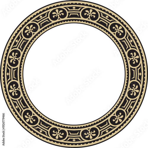 Vector round gold with black border, frame, Pompeii ring. Circle Neopolitan ornament. Art of Ancient Rome.
