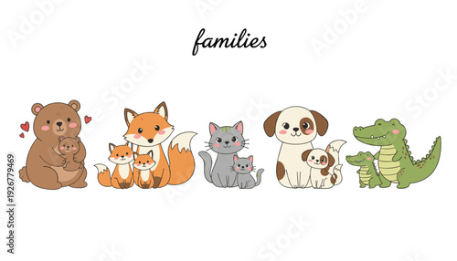 Cute animal families vector set with parent and baby characters in flat kawaii style for nursery decor