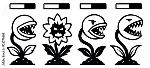 Line art game monster characters set featuring various menacing plants and status bars for video game design