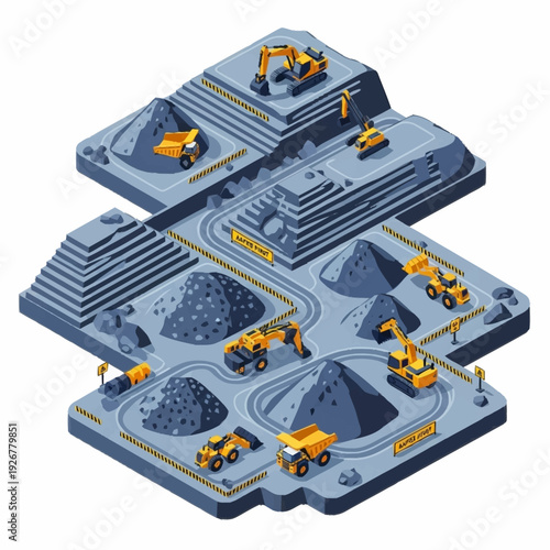 Isometric Construction Site with Heavy Machinery.