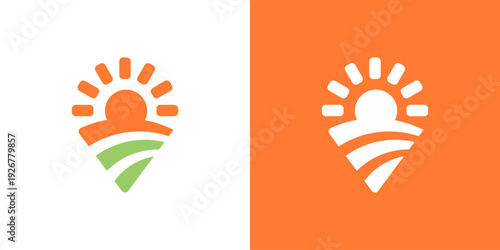 Dual meaning logo combining location pin, sun, and farm elements, symbolizing agricultural mapping, sustainable farming, natural energy, and smart location-based agribusiness solutions.