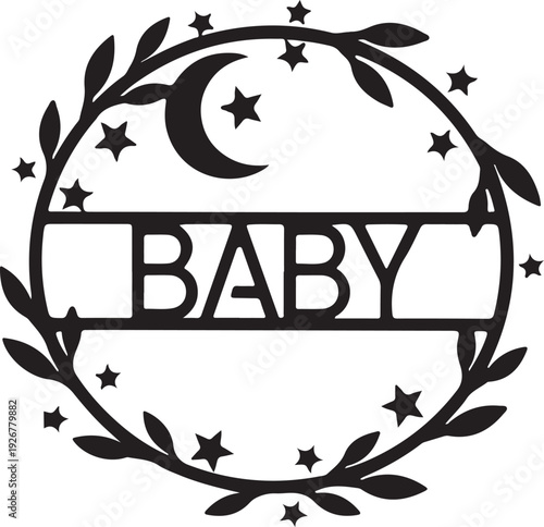 Adorable moon and stars baby name sign design perfect for nursery decor, baby room wall art, and personalized gifts.