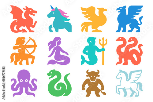 Colorful mythical creature icons in flat style: dragons, unicorns, and more