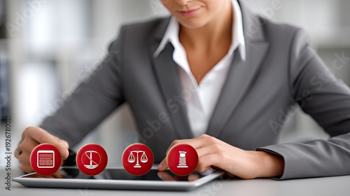 A business woman uses a digital tablet at her office desk, engaging with icons related to law and justice, focusing on the scale balance