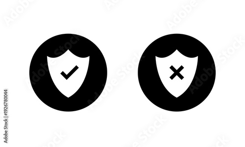 Shield with check and cross icon in black circle. Protection and threat symbol. Safe and unsafe sign