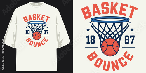 basket bounce 18 87 basketball hoop and ball sports collegiate varsity athletic apparel t shirt design vector illustration artwork