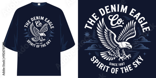the denim eagle co spirit of the sky since 1987 vintage majestic flying bird emblem t shirt design vector illustration artwork