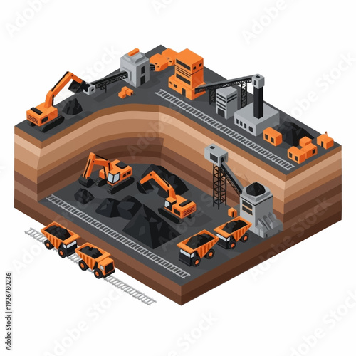 Isometric Mining Operation with Heavy Machinery.