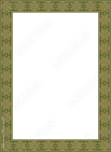 Vector square gold with green ancient Russian ornament. Slavic rectangle, border, frame. Painting of the royal chambers.