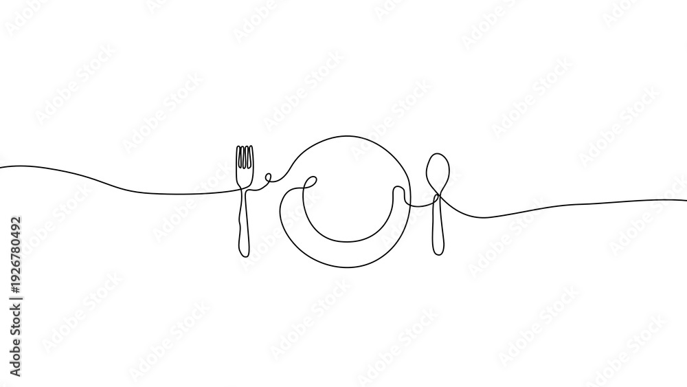 Fototapeta premium Minimalist one drawing line art of dinner plates, spoons and forks