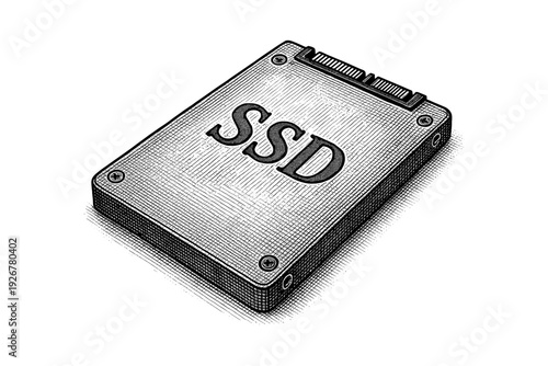 Detailed engraving of a solid state drive in vintage etching style