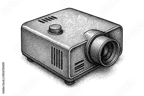 Vintage sketch of a retro projector with intricate crosshatch detailing