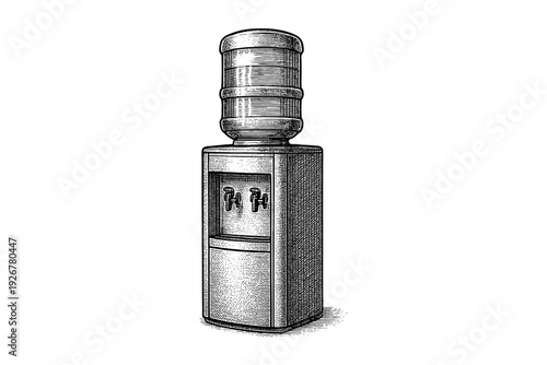 Vintage engraving of water cooler dispenser with detailed line art style