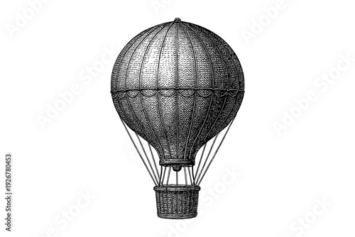 Vintage hot air balloon sketch: detailed monochrome ink art for retro designs