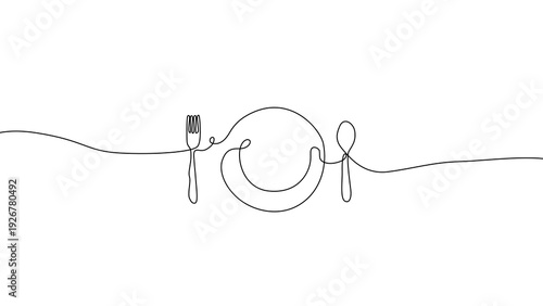 Minimalist one drawing line art of dinner plates, spoons and forks