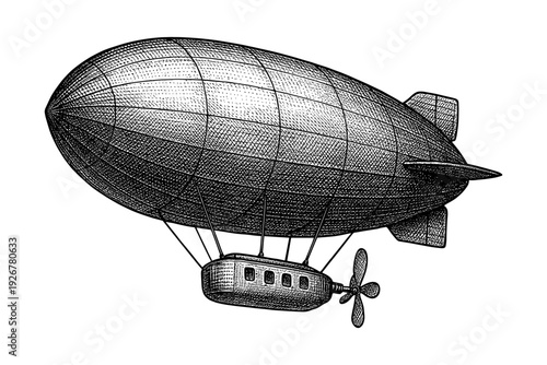 Vintage engraved airship with propeller and gondola in detailed black and white artwork