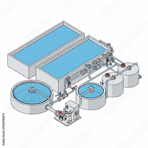 Water Treatment Plant Diagram Illustration Tanks Pipes.