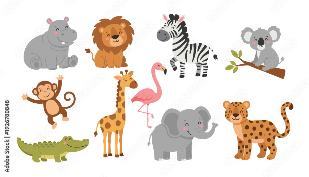 Obraz premium Cute safari animals vector set with cartoon jungle wildlife characters for kids nursery design isolated on white