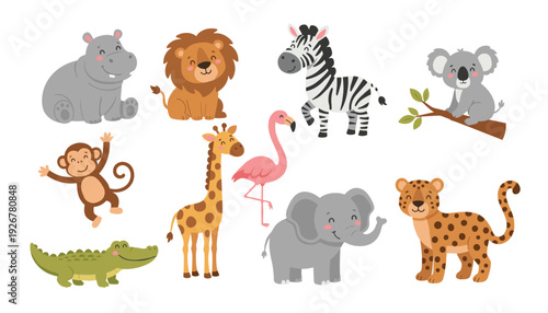 Cute safari animals vector set with cartoon jungle wildlife characters for kids nursery design isolated on white
