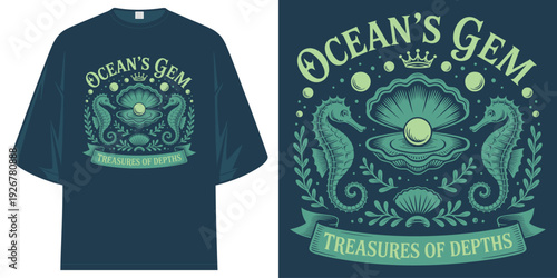 ocean's gem treasures of depths seahorse pearl shell vintage nautical sea life illustration t shirt design vector illustration artwork
