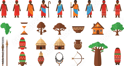 African Culture and Tribal Life Icon Set Featuring People in Traditional Clothing, Huts, Trees, Weapons, Crafts, and Ethnic Symbols for Vector Design