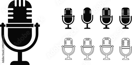 Vintage microphone icon set with retro podcast studio recording symbols black silhouette vector illustration collection