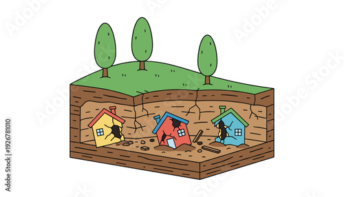 Earthquake soil liquefaction vector illustration with damaged houses ground cross section