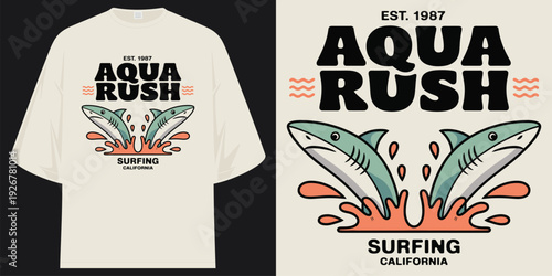 aqua rush surfing california est 1987 retro jumping sharks ocean waves summer beach lifestyle t shirt design vector illustration artwork