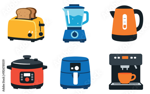 Flat style kitchen appliances set featuring a toaster, blender, electric kettle, pressure cooker, air fryer and coffee machine for home cooking
