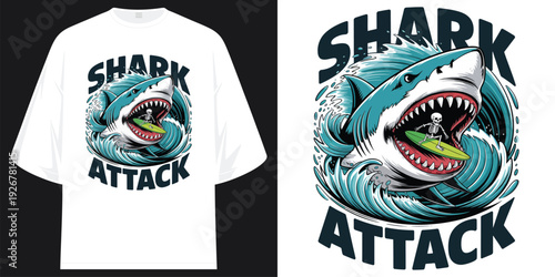 shark attack surfing skeleton oceanic predator wave graphic vintage streetwear apparel print t shirt design vector illustration artwork
