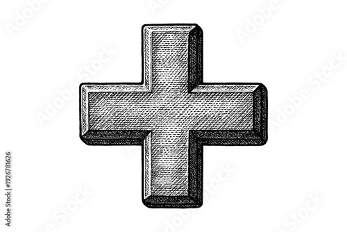 Engraved style cross symbol with detailed shading on white background