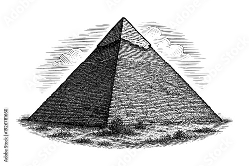 Vintage engraved pyramid sketch with clouds and grass