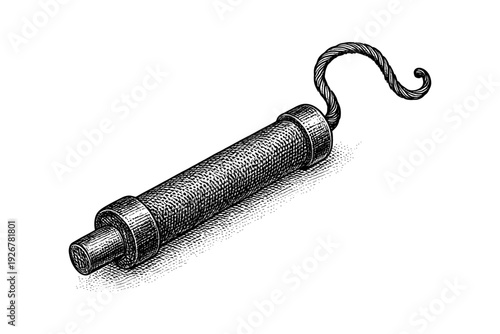 Engraved style vintage dynamite with twisted fuse on white background