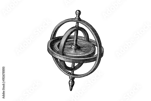 Hand drawn gyroscope illustration with intricate details in monochrome style